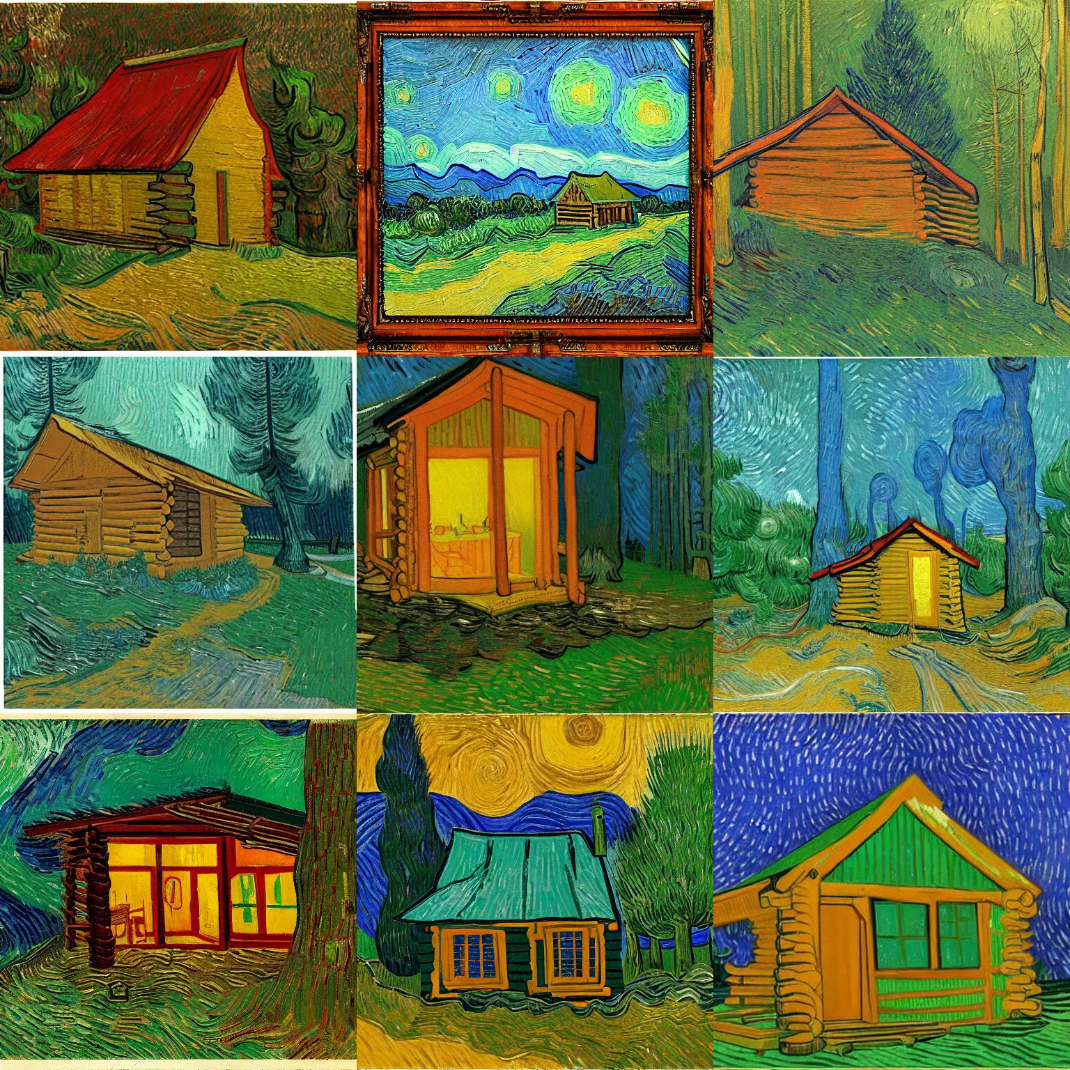 Prompt: [ a log cabin in the forest ] [ van gogh ] [ diffuse ]