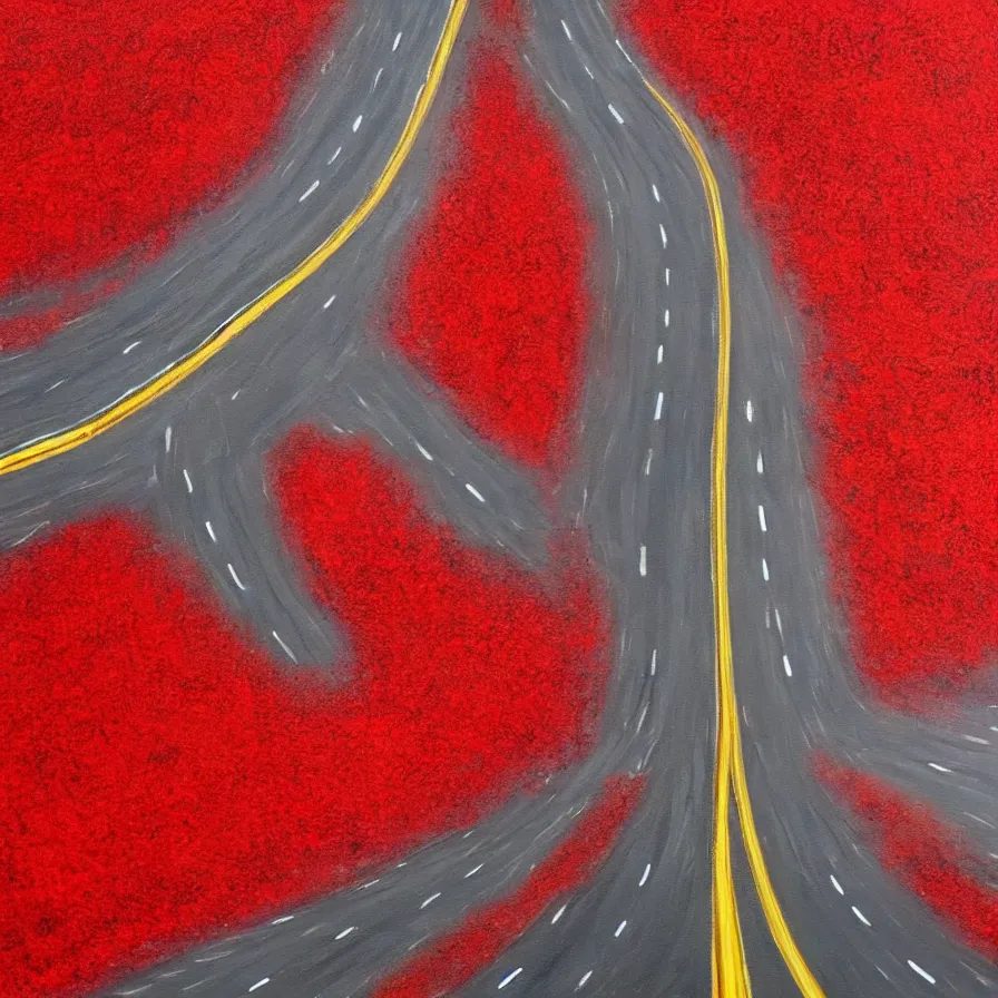 Image similar to painting of highway roads that are like blood arteries leading to the heart's core.