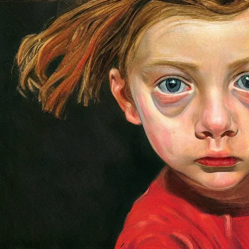Image similar to high quality high detail painting by lucian freud, hd, young pale girl staring intensely, big eyes, alizarin crimson and black, photorealistic lighting