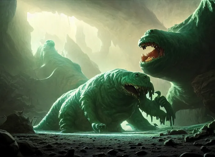 Image similar to giant monstrous aggressive slime creature screaming at the camera, cavescape with epic dramatic lighting, epic science fiction horror digital matte painting by Moebius and Mark Brooks (and Greg Rutkowski), extremely detailed, artstation