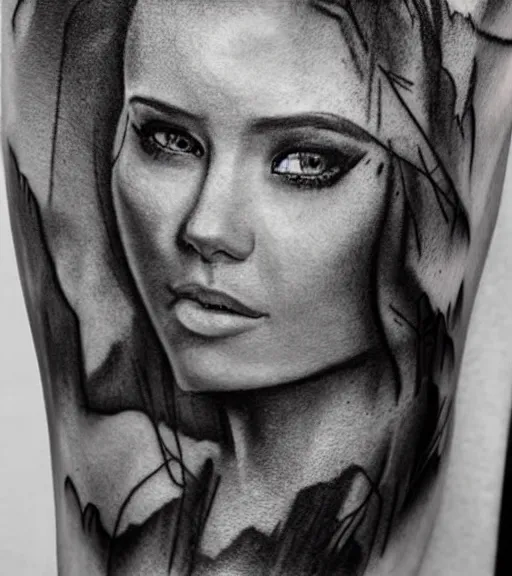 Image similar to creative blend of a hyper realistic mountain scenery with a beautiful woman face, tattoo design sketch, in the style of matteo pasqualin, hyper - realistic, amazing detail, black and white