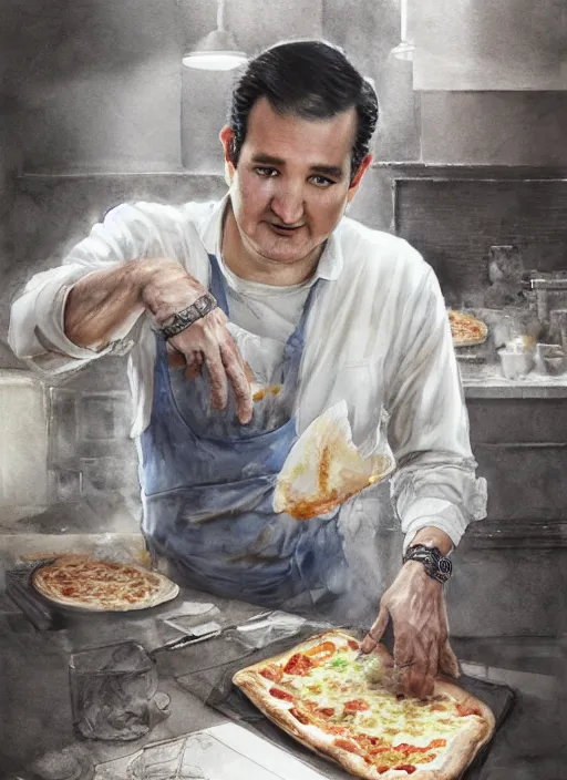 Image similar to portrait, Ted Cruz making a pizza, watercolor, dramatic lighting, cinematic, establishing shot, extremely high detail, foto realistic, cinematic lighting, pen and ink, intricate line drawings, by Yoshitaka Amano, Ruan Jia, Kentaro Miura, Artgerm, post processed, concept art, artstation, matte painting, style by eddie mendoza, raphael lacoste, alex ross