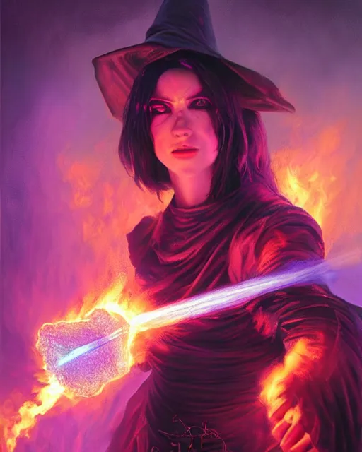 Prompt: pyromancer witch cover in purple flames, deep pyro colors, purple laser lighting, award winning photograph, radiant flares, realism, lens flare, intricate, various refining methods, micro macro autofocus, evil realm magic painting vibes, hyperrealistic painting by michael komarck - daniel dos santos