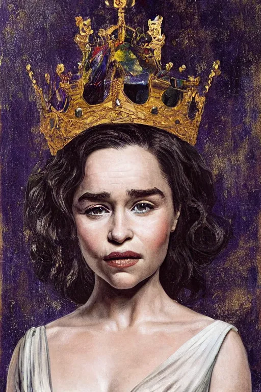 Prompt: Emilia Clarke as a queen in a painting hanging on the wall