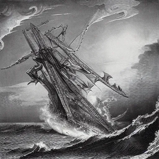 Prompt: giant sea dragon attacking a ship, by gustave dore