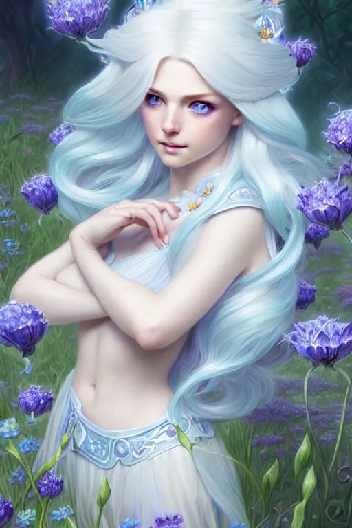 Image similar to highly detailed illustration beautiful white - haired fairy princess in a flower garden, wonderful blue eyes, deep focus, d & d, fantasy, complex, elegant, highly detailed, digital painting, artstation, concept art, matte, clear focus, illustration, hearthstone, art by artgerm and greg rutkowski and alphonse mucha