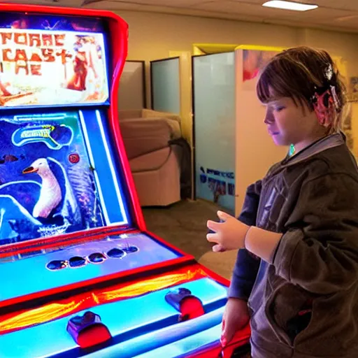 Prompt: goose playing an arcade machine