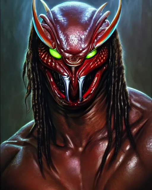 Prompt: a portrait of the predator fantasy character portrait, ultra realistic, cinematic, concept art, wide angle, intricate details, hologram, highly detailed by boris vallejo