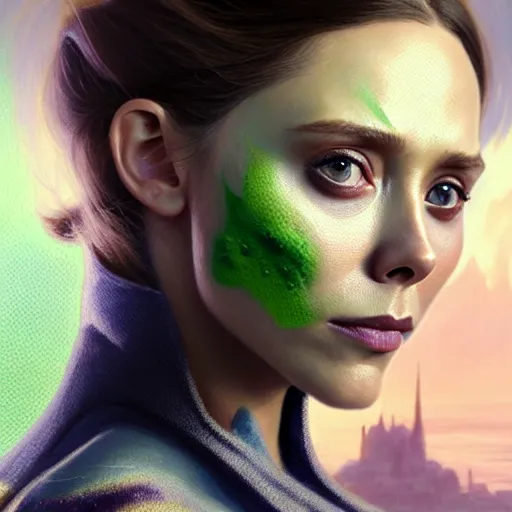 Image similar to portrait painting of elizabeth olsen with green skin and pointy ears wearing sci - fi clothes as a skrull, ultra realistic, concept art, intricate details, eerie, highly detailed, photorealistic, octane render, 8 k, unreal engine. art by artgerm and greg rutkowski and charlie bowater and magali villeneuve and alphonse mucha