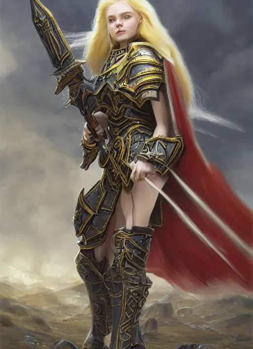 Prompt: Elle Fanning a Warhammer 40k paladin, glorious LONG BLOND hair, by Ivan Aivakovsky, by Boris Vallejo, epic fantasy character art, D&D Concept Art, full length, Realistic, Regal, Refined, Detailed Digital Art, Oil Paining, Exquisite detail, post-processing, masterpiece, Cinematic Lighting, Unreal Engine, 8k, HD