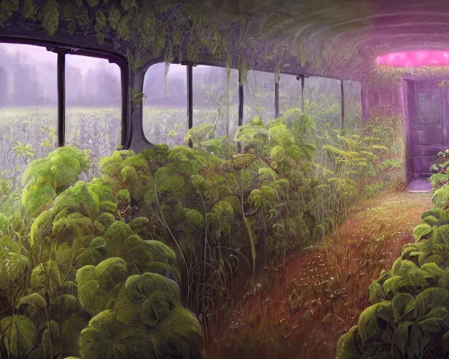 Prompt: A beautiful interior of an overgrown bus full of lush plants, rich vines and verdant flowers, digital art, trending on Artstation, thick atmosphere, fireflies flying around, 4k wallpaper, Zdzislaw Beksinski