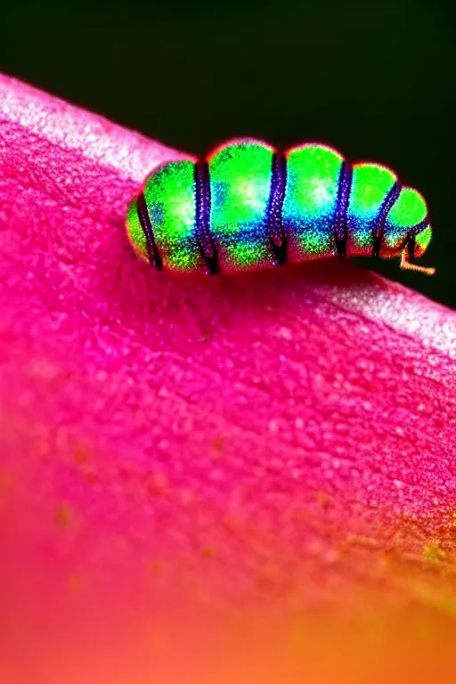 Prompt: high quality macro photo iridescent mutant caterpillar! cute highly detailed david ligare elson peter cinematic pink lighting high quality low angle hd 8k sharp shallow depth of field