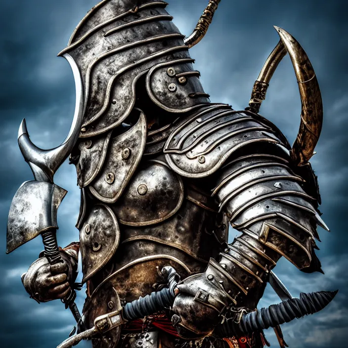 Image similar to photo of a warrior with metal whale themed armour, highly detailed, 4 k, hdr, smooth, sharp focus, high resolution, award - winning photo