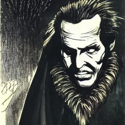 Image similar to vincent price as howard hughes in long black feathered cloak, black hands tipped with black claws, feathers growing out of skin, at opulent desk, comic book cover, vivid, illustration, highly detailed, rough paper, dark, oil painting