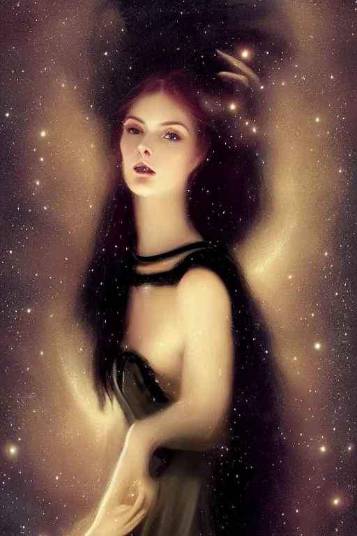Prompt: Nocturne, glowing, stars, a long-legged elegant sultry woman, long ombre hair, pearl choker, highly detailed, mysterious, ethereal, dressed in black velvet, haute couture, illustration, dramatic lighting, soft details, painting, by Edmund Blair Leighton, Brom, Charlie Bowater, trending on artstation, faces by otto schmidt