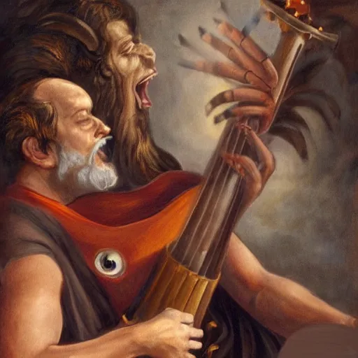 Image similar to God playing a gutair and the devil playing the drums, hyper realistic, HD, HQ, photo realistic