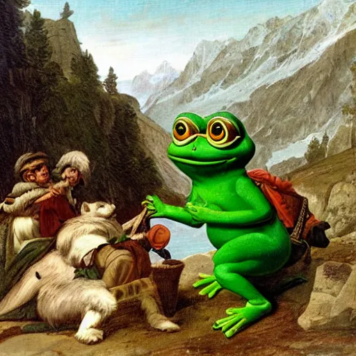 Image similar to Pepe the frog Crossing the Alps by Jacques-Louis David