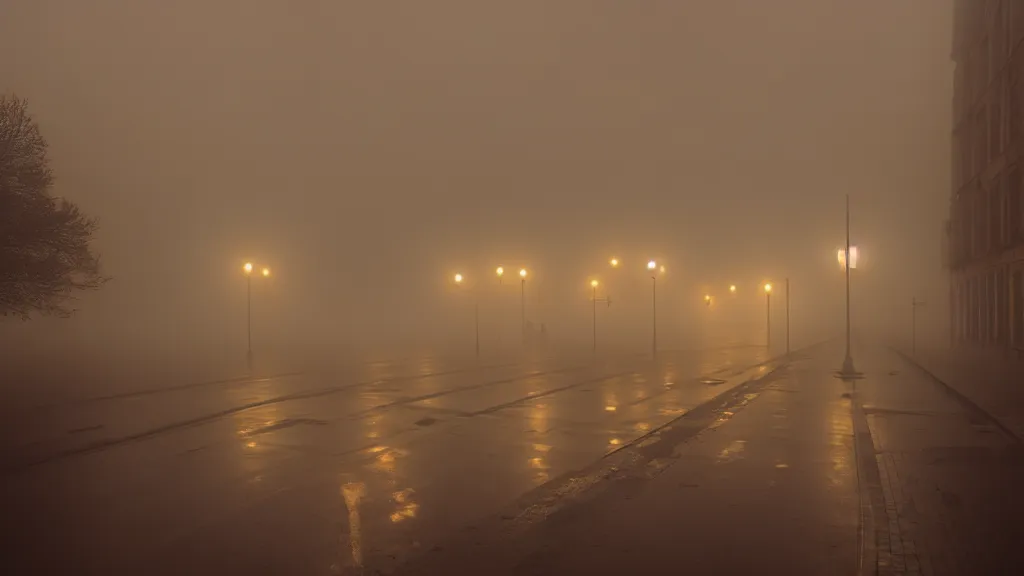 Image similar to photograph of a foggy city at night by henri prestes, 4 k resolution