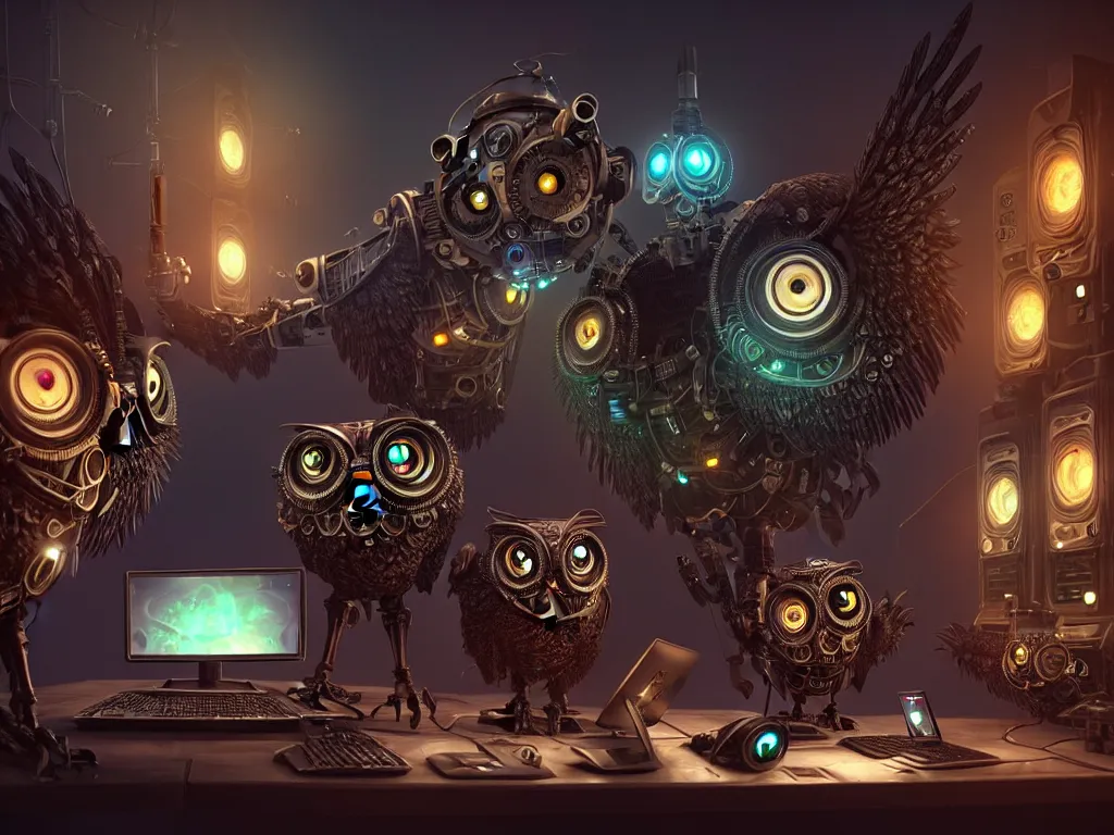 Image similar to an giant evil, malevolent, cyborg owls looking at a computer, surrounded by computer screens. steampunk, intricate, elegant, fantasy, highly detailed, digital painting, concept art, sharp focus, illustration, beautiful lighting, epic light, artstation, colorful, dramatic