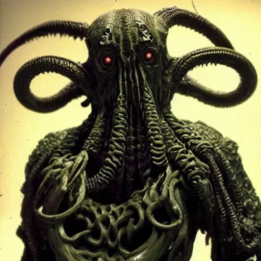 Image similar to cthulhu samurai, lots of cables and wiring. Photograph from blockbuster sci-fi film