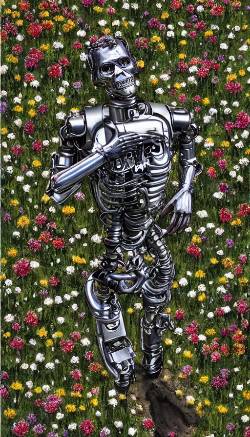 Prompt: photo of destroyed realistic terminator lying in a field of flowers, twisted, chrome, reflections, anthropomorphic, photorealism, smoke, 8 k, wires, smooth, sharp focus, top view, extremely detailed, hyperrealism, elegant, establishing shot, by jeff koons, artgerm and greg rutkowski