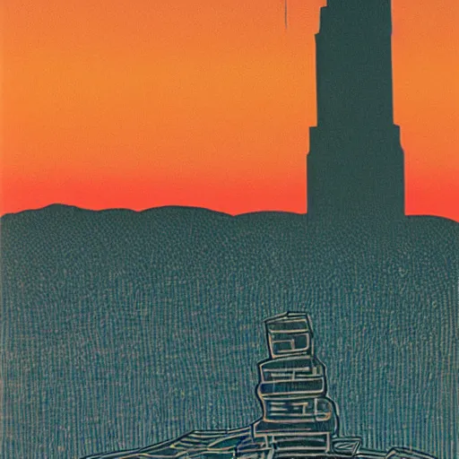 Prompt: a cool tower in frozen land, sunset, by andy warhol by henri mattise - n 4