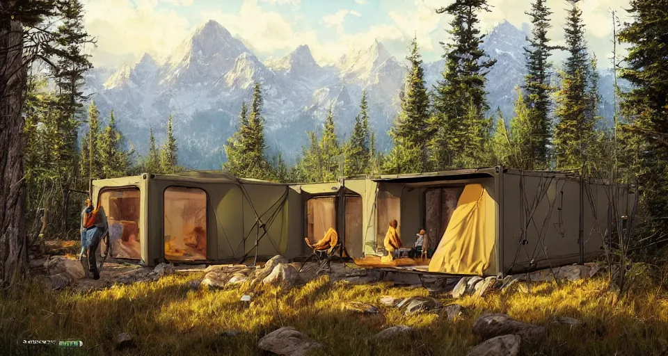 Image similar to cabela's beautiful comfortable carbon framed, modular insulated wall portable container home kit - house all weather family dwelling tent house, person in foreground, mountainous forested wilderness open fields, beautiful views, painterly concept art, environmental concept art, concept art illustration, by james gurney, by craig mullins, by greg rutkowski trending on artstation