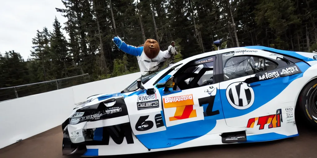 Image similar to sasquatch hanging out the window of a bmw race car