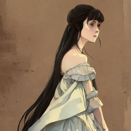 Image similar to a beautiful girl with long dark hair, wearing a victorian style dress, portrait by Studio Ghibli and Greg Rutkowski, artstation