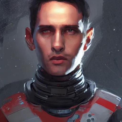 Prompt: portrait of a man by greg rutkowski, he is about 3 0 years old, short black hair with bangs, expression of terror and bewilderment, very tall and slender, he is wearing futuristic space gear, highly detailed portrait, digital painting, artstation, concept art, smooth, sharp foccus ilustration, artstation hq