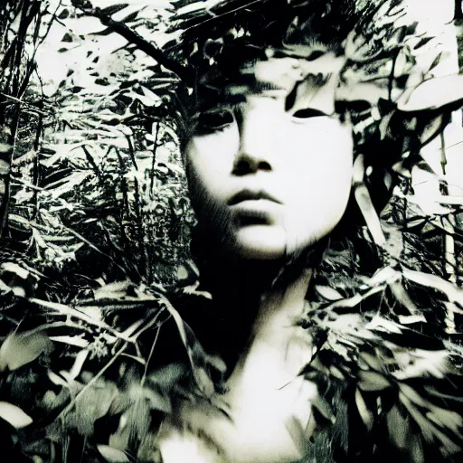 Image similar to photograph of a female model wearing camouflage by yohji yamaoto in a dense and misty jungle in the style of daido moriyama, camera obscura, 3 5 mm photography