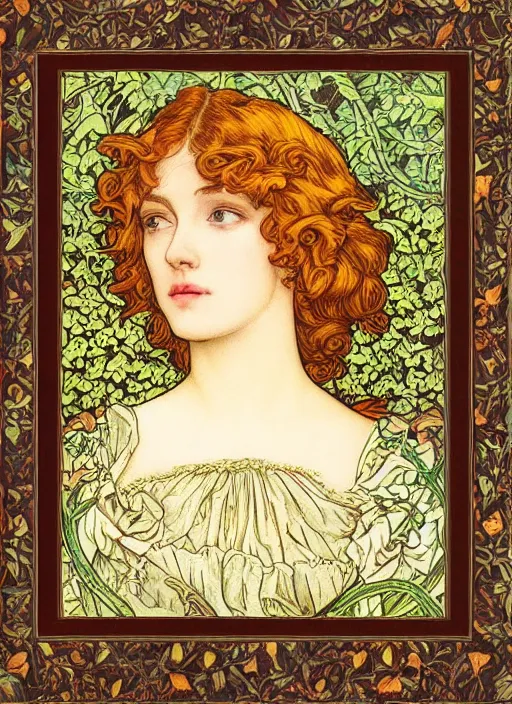 Prompt: masterpiece beautiful seductive flowing curves preraphaelite face portrait photography, extreme close up shot, straight bangs, thick set features, yellow ochre ornate medieval dress, laying amongst foliage mushroom forest circle arch, william morris and kilian eng and mucha, framed, 4 k