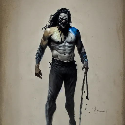 Prompt: jason momoa as joker, full body, dynamic pose, painted by greg rutkowski