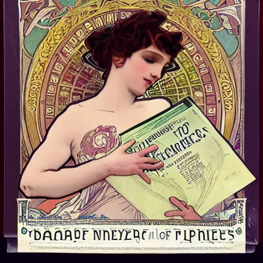 Prompt: The goddess of Fake News holding newspapers with fake headlines, poster by Alphonse Mucha