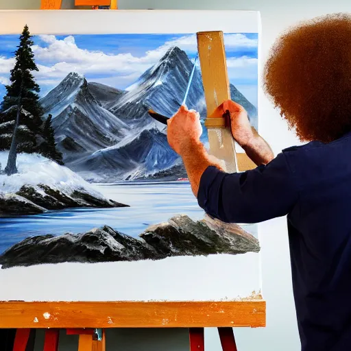 Image similar to a closeup photorealistic photograph of bob ross working on a canvas painting of spiderman. film still. brightly lit scene. mountains and trees. this 4 k hd image is trending on artstation, featured on behance, well - rendered, extra crisp, features intricate detail, epic composition and the style of unreal engine.