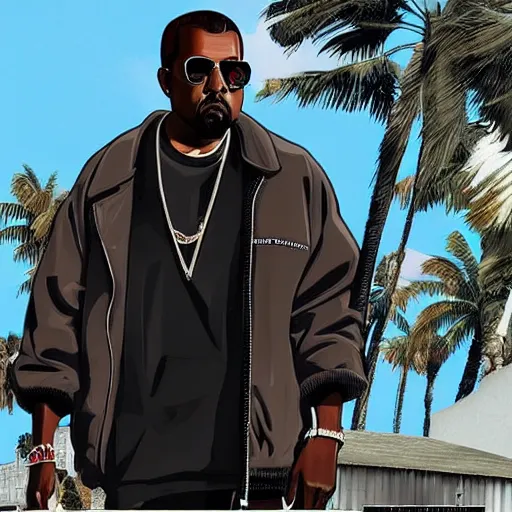 Prompt: Kanye West in a GTA 5 loading screen, concept art by Anthony McBain