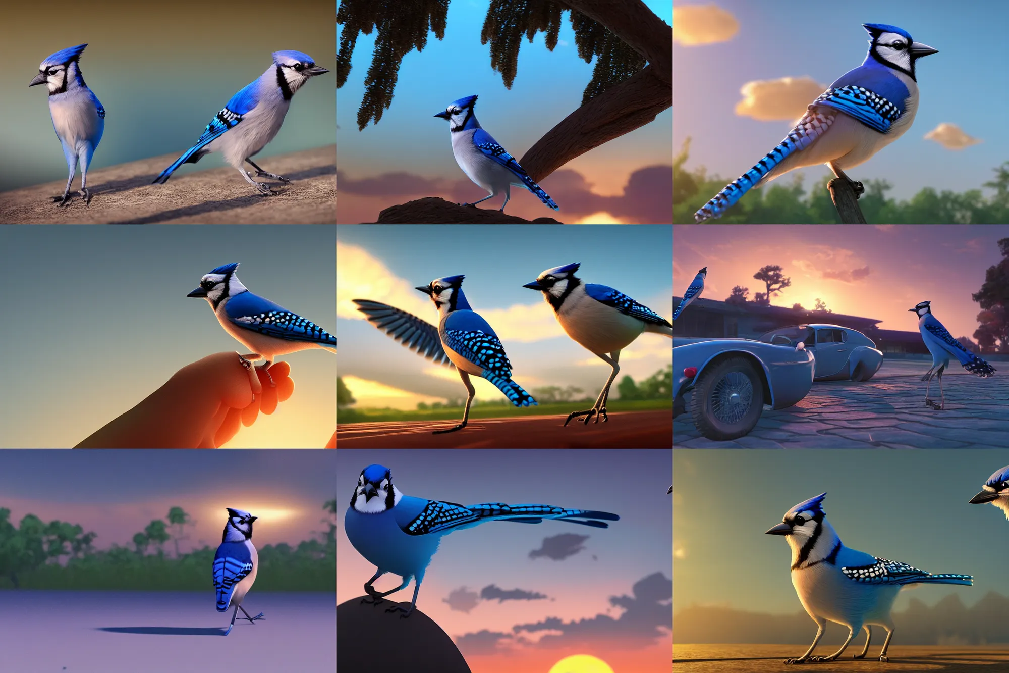 Prompt: a key shot of a Bluejay animation at sunset, medium shot, waist up, studio Ghibli, Pixar and Disney animation, sharp, Rendered in Unreal Engine 5, key art by Greg Rutkowski, Bloom, dramatic lighting, backlit, J. C. Leyendecker, Bluejay, Bluejay, Blue Sports car