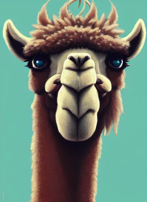 Image similar to centered!! macro head portrait of a llama, artstation, detailed cartoon, elegant, digital painting, concept art, smooth, sharp focus, illustration, ghibli, makoto shinkai, don bluth, fujita goro, jean giraud, akihiko yoshida, tom whalen 8 k