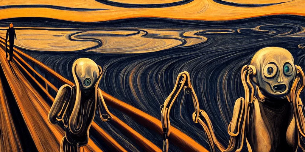 Image similar to realistic robot in The Scream painting inspired by Spaghettification, Mazarineee, artstation