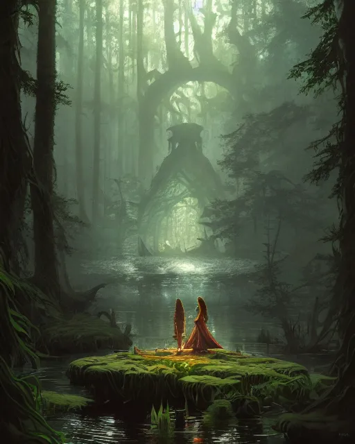 Image similar to a dark magical pond surrounded by a dense forest of enormous trees, deep focus, d & d, fantasy, intricate, elegant, highly detailed, digital painting, artstation, concept art, matte, sharp focus, illustration, hearthstone, art by greg rutkowski and alphonse mucha and andreas rocha