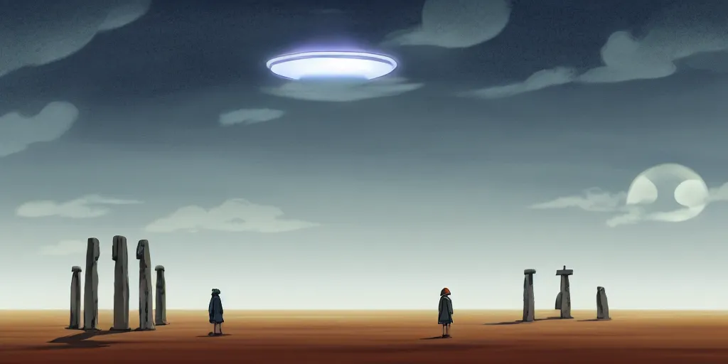 Image similar to a cell - shaded studio ghibli concept art of a giant silver hovering ufo shining a spotlight on a middle eastern merchant in a flooded stonehenge desert on a misty starry night. very dull colors, asymmetrical, hd, 4 k, hq