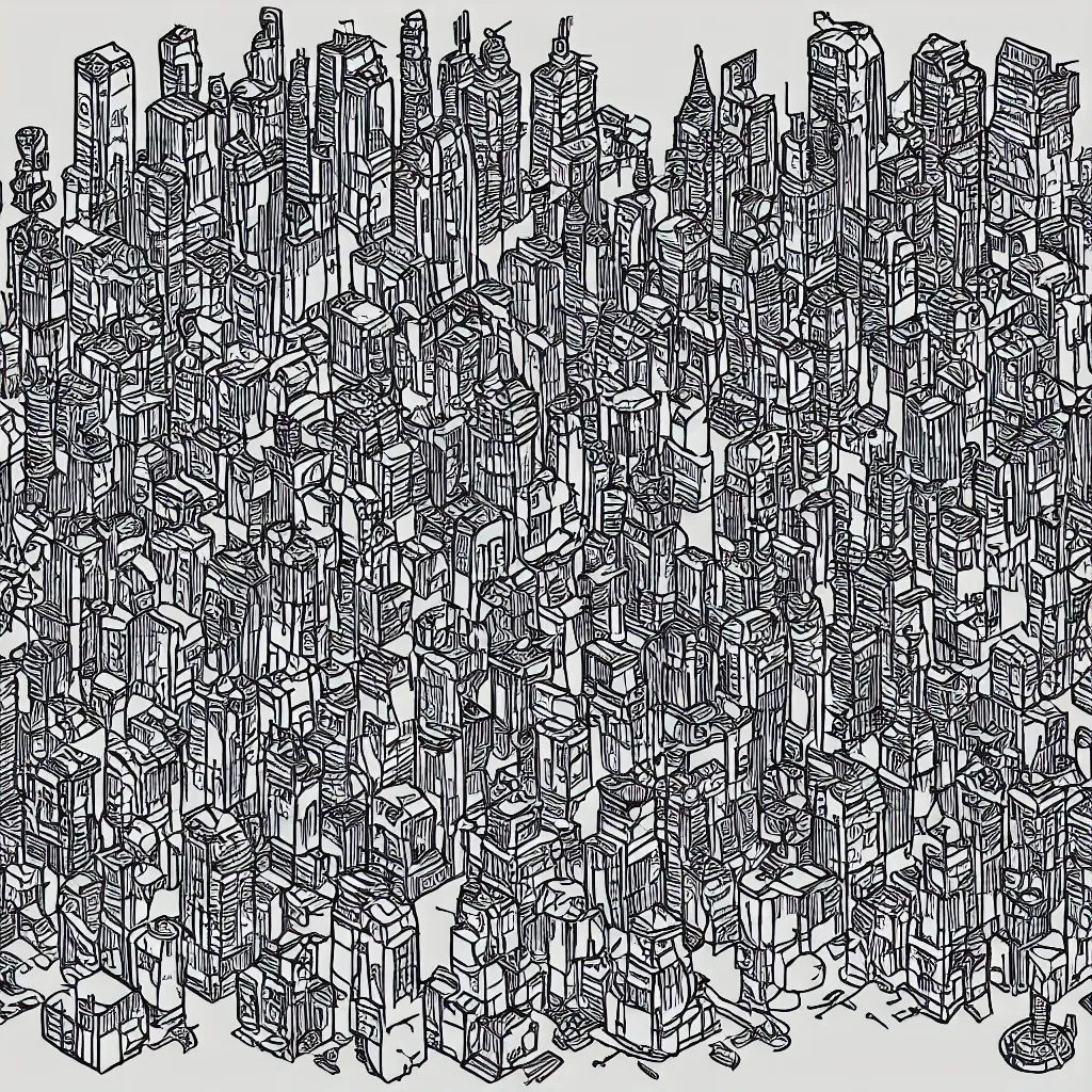 Prompt: sharpie sketch of an RTS game level in set in a futuristic city with robot chess pieces as players