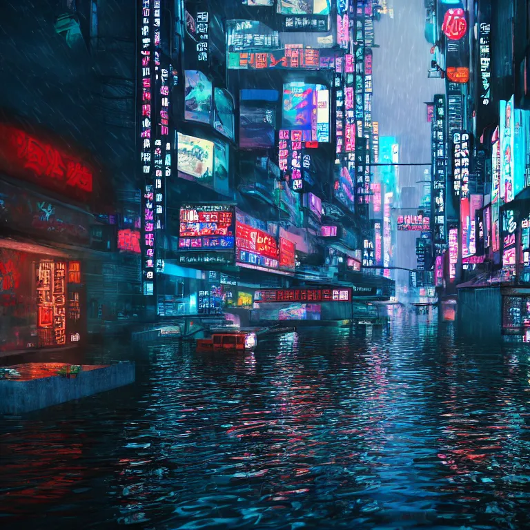 Image similar to cyberpunk flooded rainy south korea, seoul, man in small row boat, reflections, cinematic lighting, photorealistic, trending on artstation, storefronts made of neon lights, hyper realistic rendering photography, unreal 5 engine render, ultra wide angle, long shot, 8 k