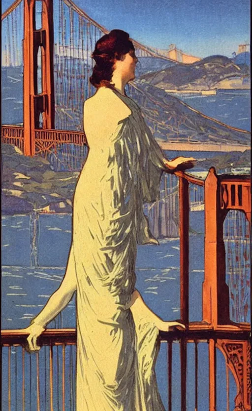 Image similar to art nouveau! style, woman overlooking, golden gate bridge! first pillar!!! in the background, early 1 9 0 0 s!!