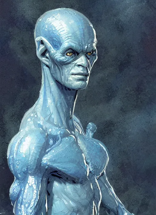 Prompt: fantasy and science fiction portrait of a blue alien wearing a semi-transparent biosuit, detailed, intricate, very realistic, in the style of James Gurney, Craig Mullins, Wlop