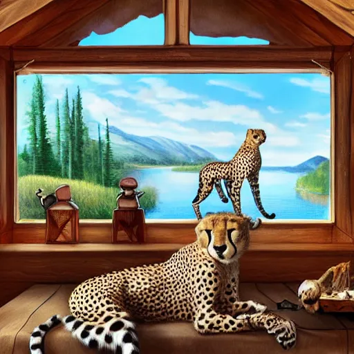 Prompt: a cheetah in a cabin by a lake, artstation, award - winning, serene,