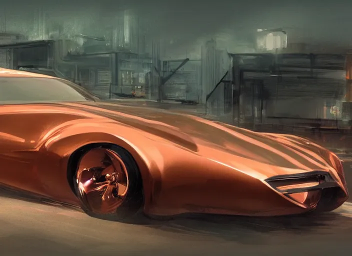 Image similar to wide view shot of a copper colored car, designed by dmc and gmc, concept art style by john berky and liam wong and michael whelan.