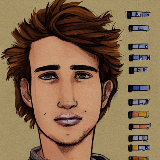 Prompt: a head - on highly detailed matte comic - style colorful portrait of a 2 0 - something engineering student, brown messy hair, by laurie greasly