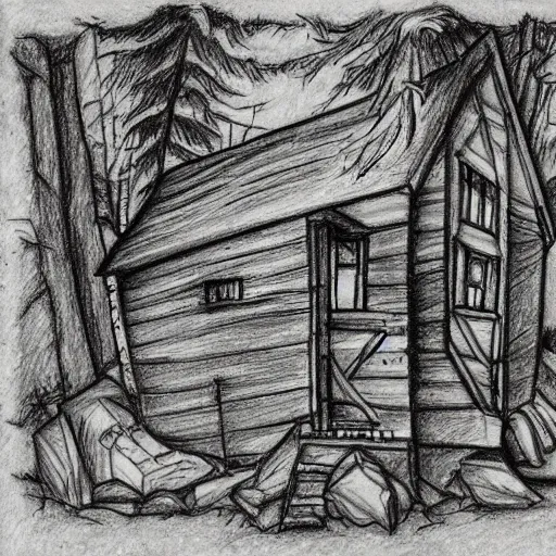 Image similar to a drawing of a Eerie cabin in the middle of the woods in the style of Albrecht Durer