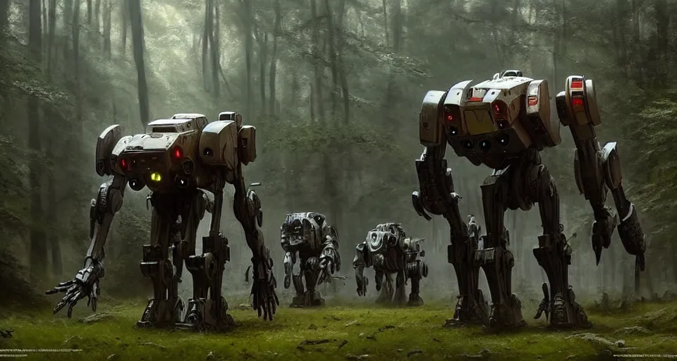 Prompt: giant medieval battlemech walking through a forest, hyper realistic sci - fi matte concept art painting, beautiful details, strong composition painted by kim jung guweta studio rutkowski, james gurney and greg rutkowski, and lucasfilm, smooth, intricate, detailed, sharp focus, cinematic